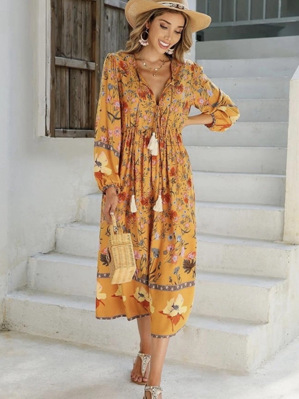 R. Vivimos Dijon Mustard Long Sleeve Floral Print Retro Tassel Bohemian Dress - Picture 5 of 9